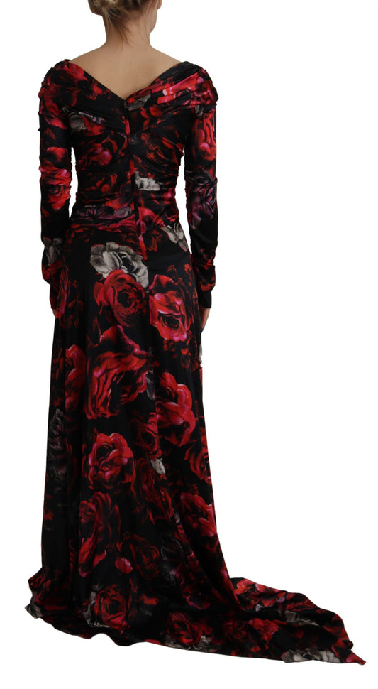 Long black dress with floral pattern of red roses and green leaves, sleeveless design
