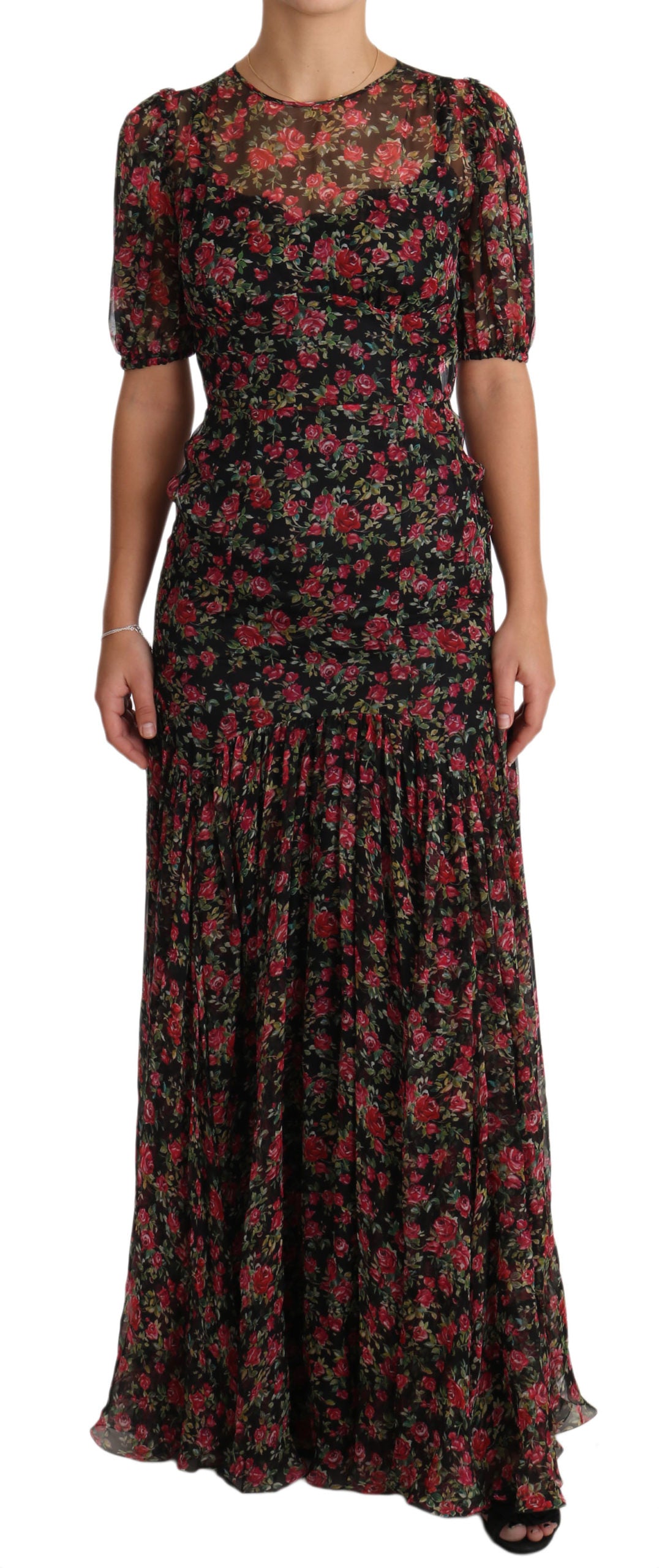 Long floral print dress with ruffled sleeves