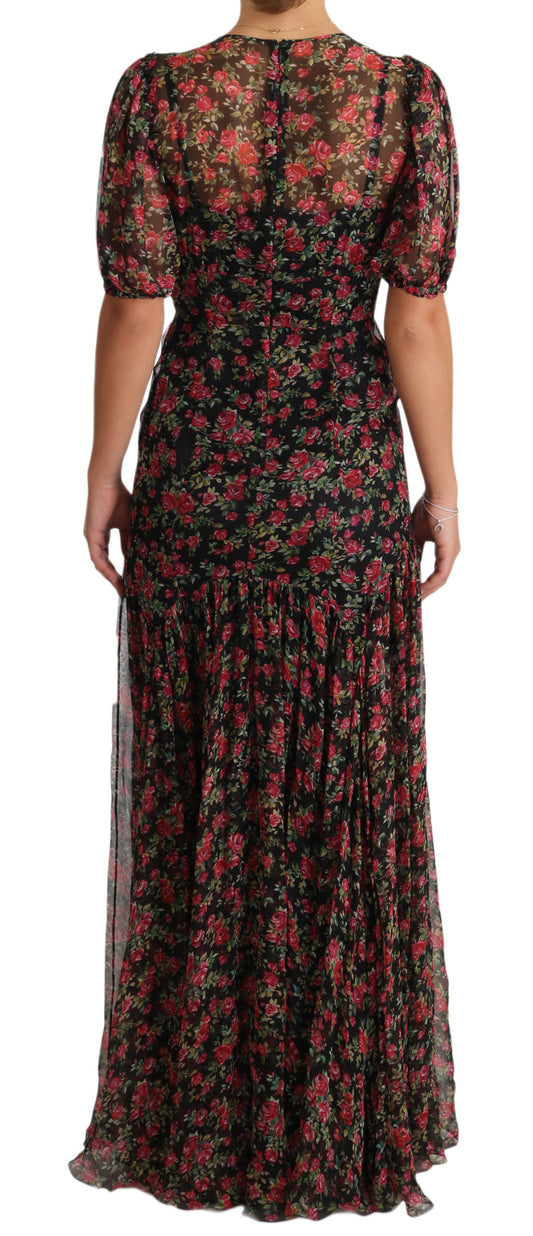 Long floral print dress with ruffles on sleeves