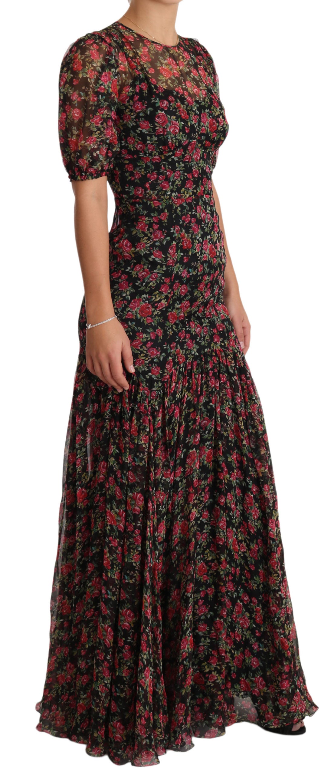 Long floral print dress with ruffles on sleeves