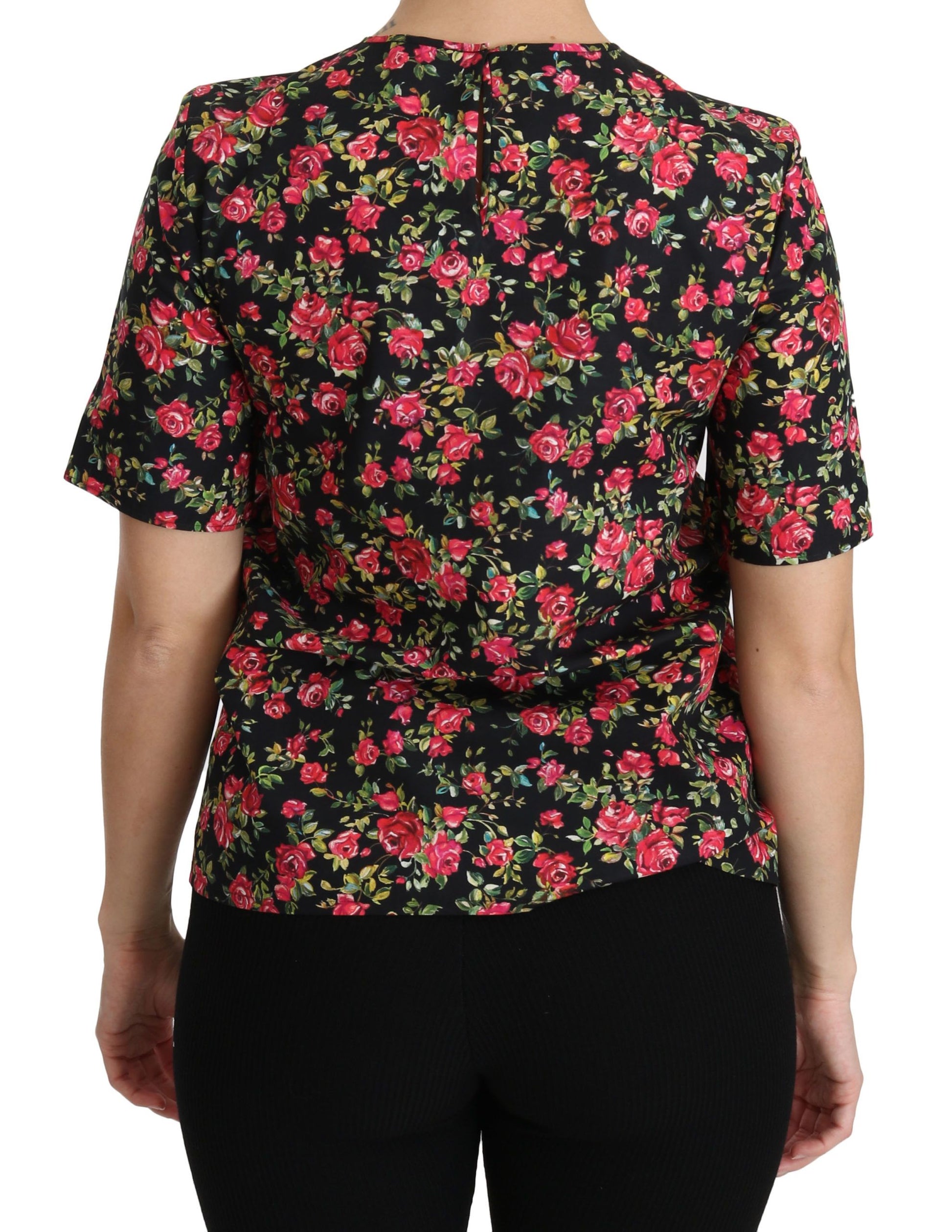 Black floral print blouse with short sleeves