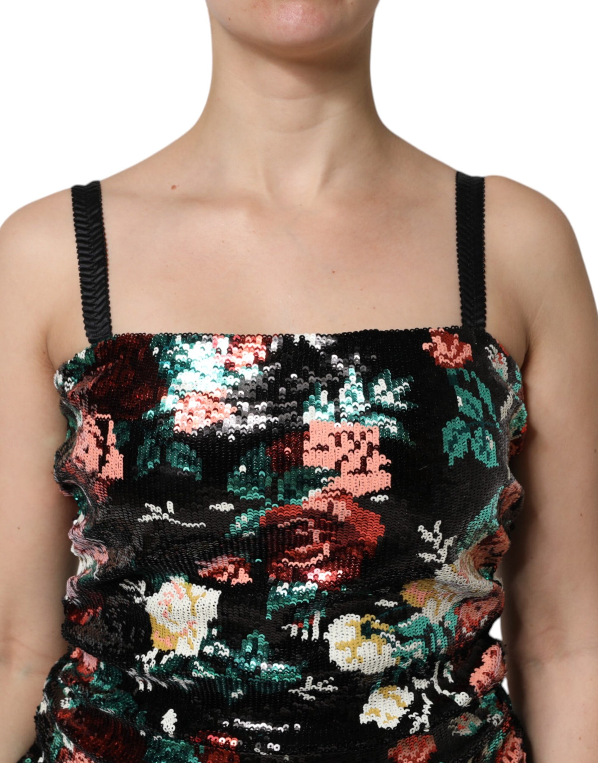 A black floral sequin sleeveless sheath dress from Dolce & Gabbana