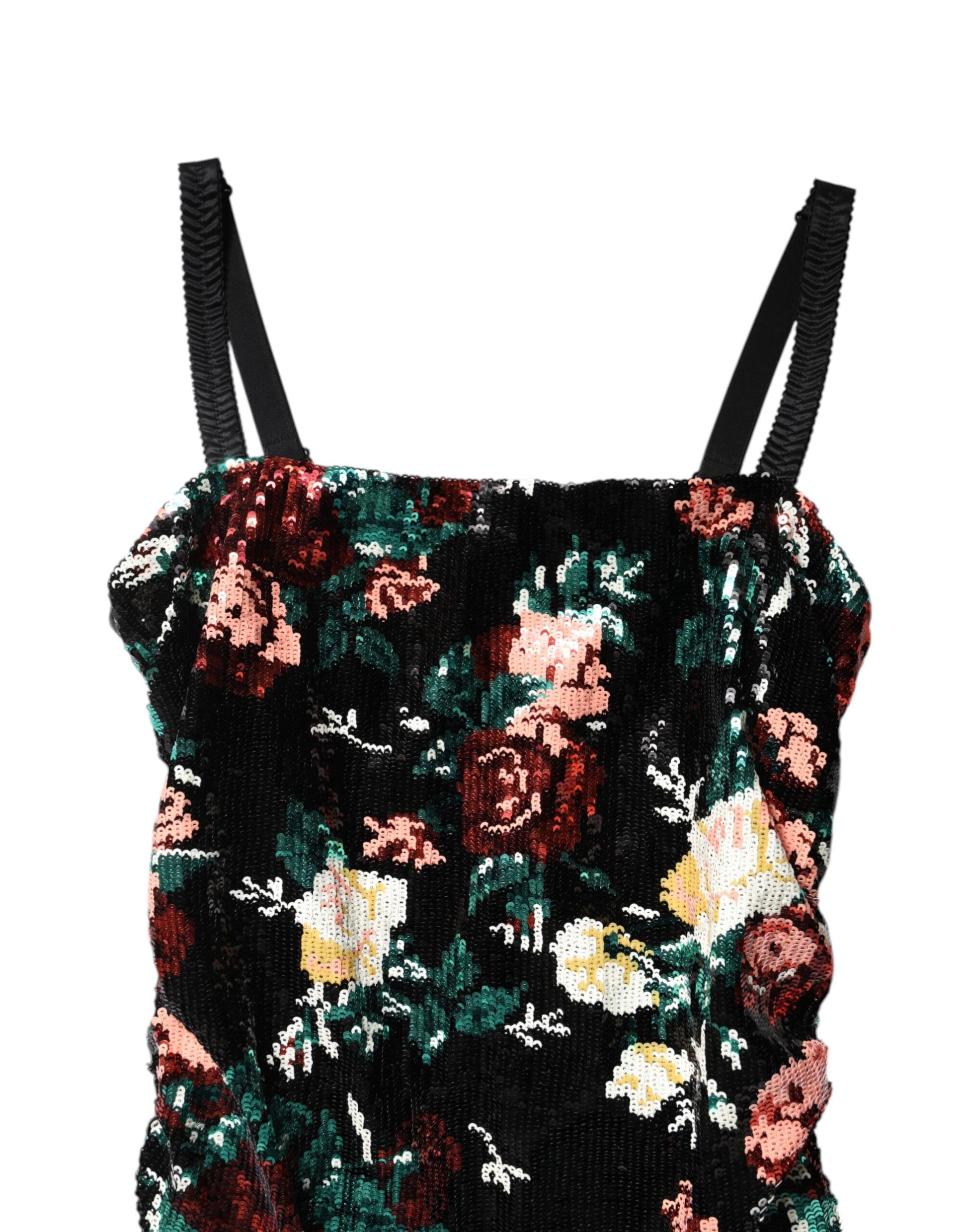A sleeveless sheath dress with a floral sequin pattern on black fabric