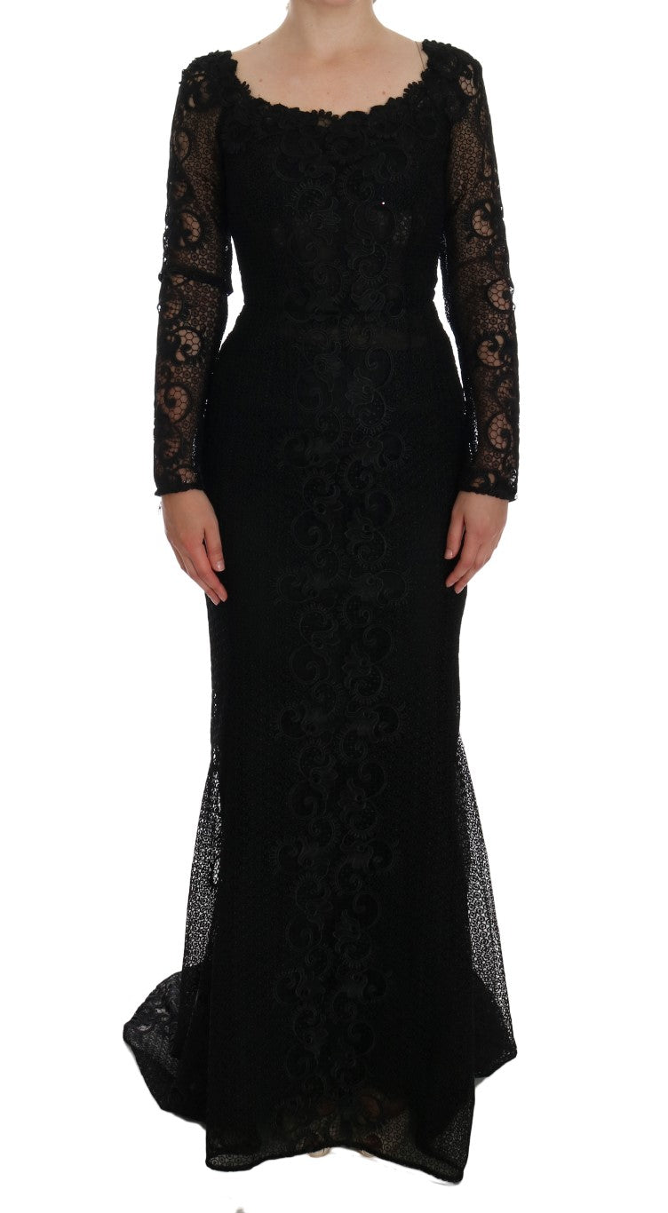 Long black lace dress with ruffles on sleeves