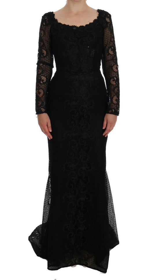 Long black lace dress with ruffles on sleeves