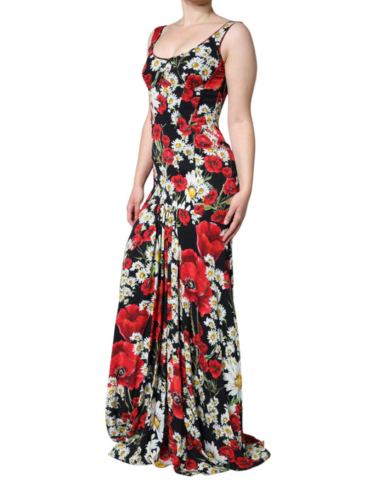 A long black floral silk gown dress with sleeveless design
