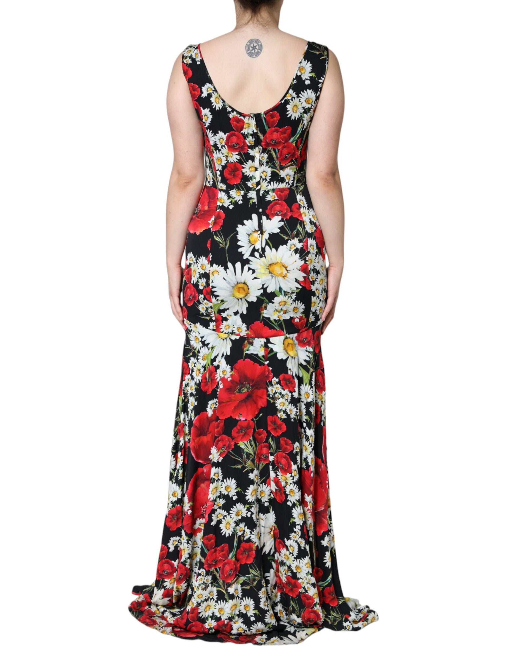 A black floral silk sleeveless long gown dress