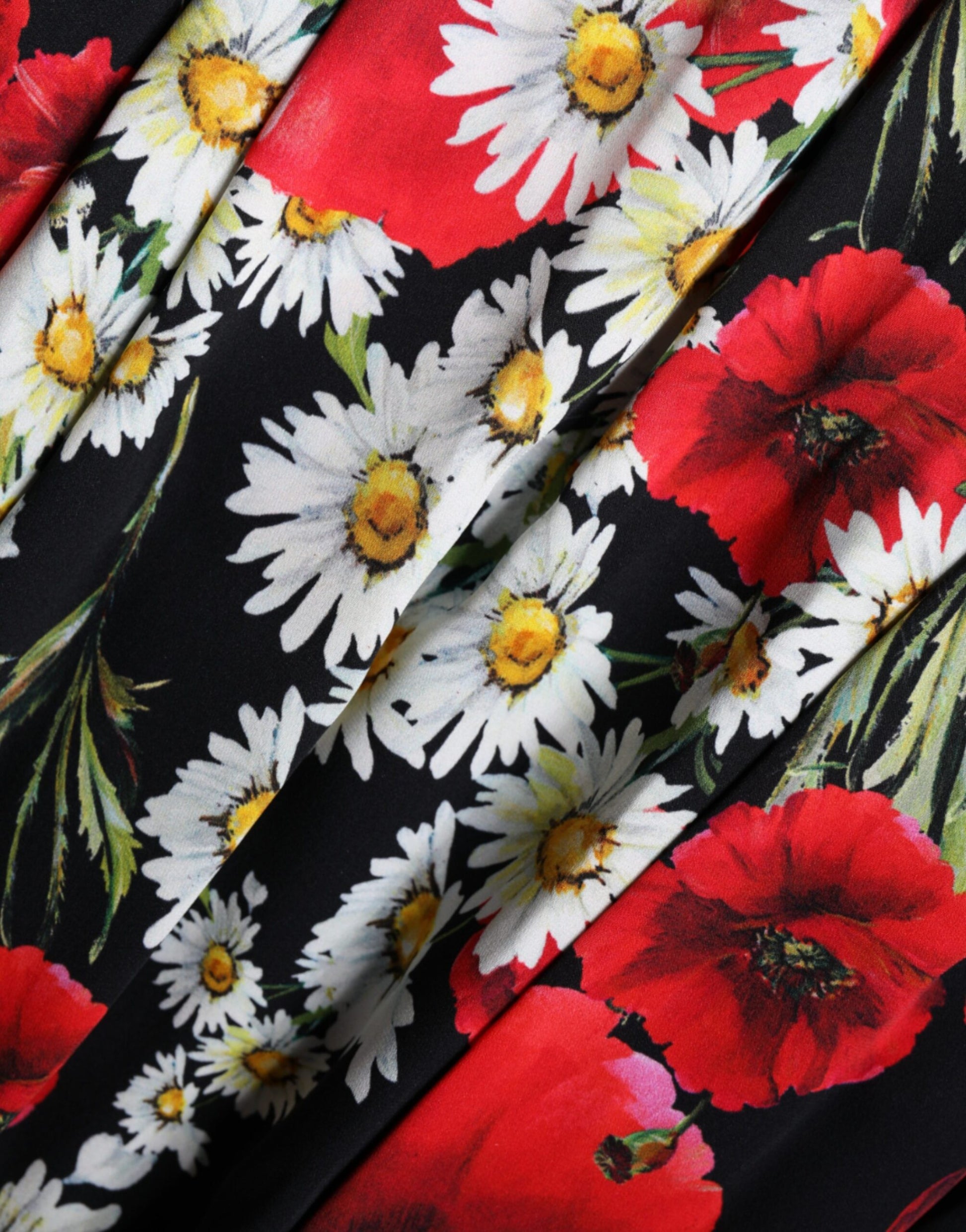 A black floral silk sleeveless long gown dress with red and white flowers