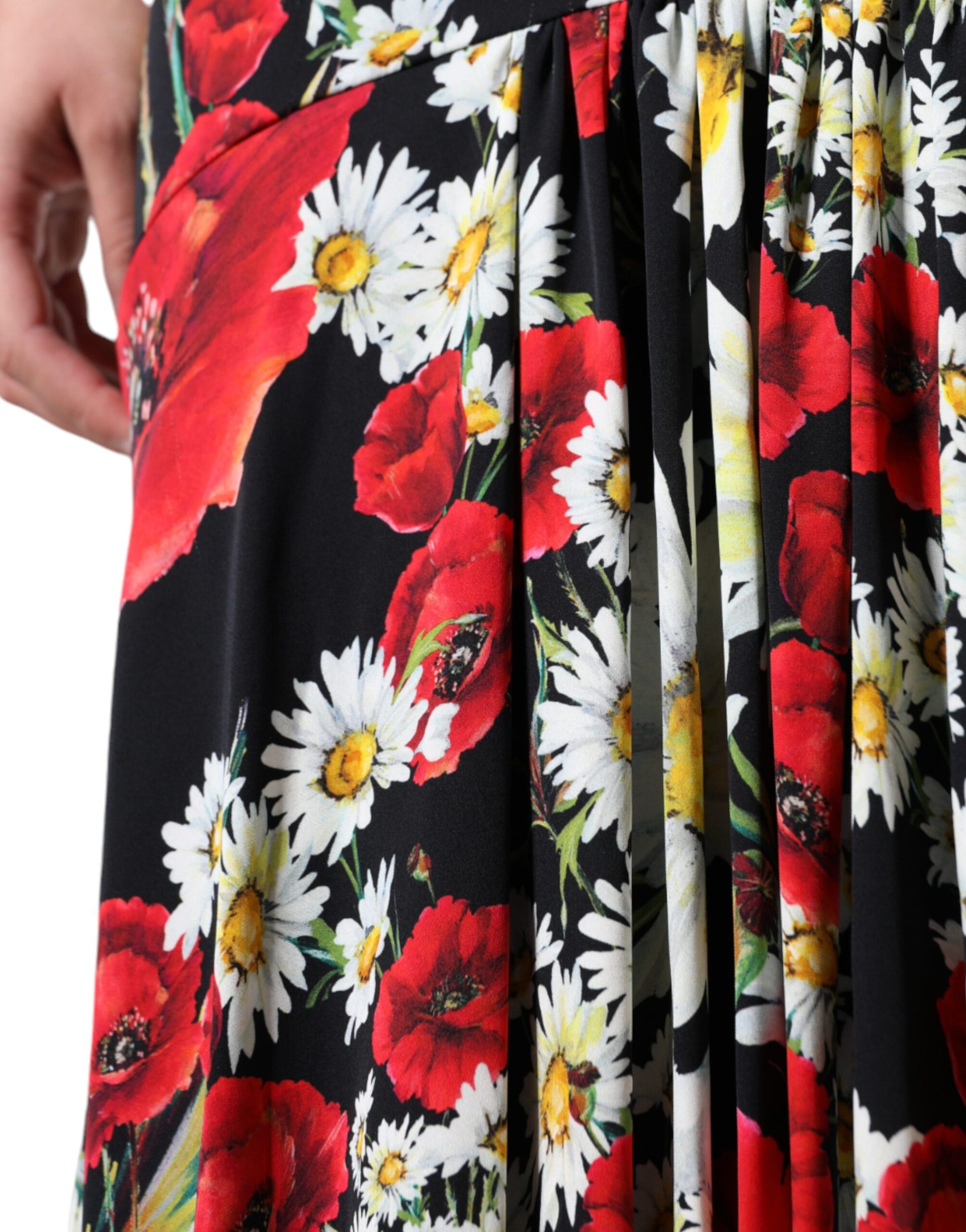 A black floral silk sleeveless long gown dress with red flowers and white daisies