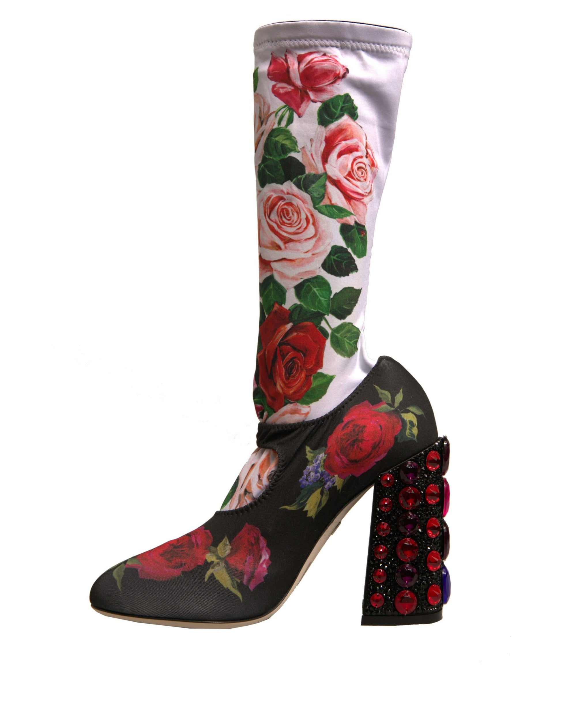 Black high heel boot with floral pattern on side