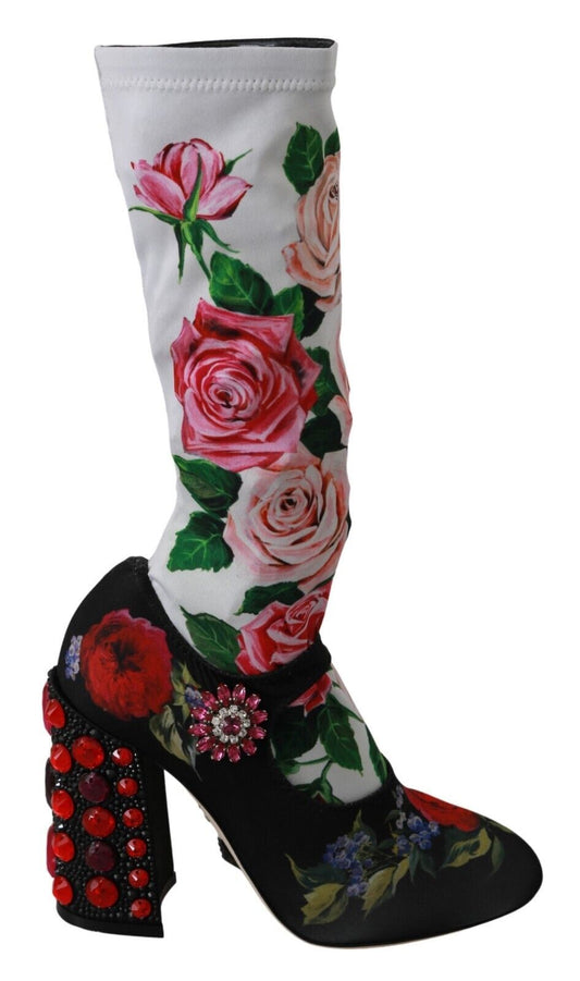 Floral print boot with red roses and green leaves on a black background