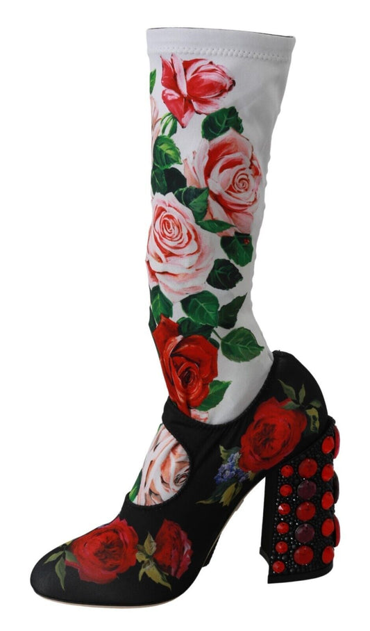 High heel boot with floral pattern and rhinestones