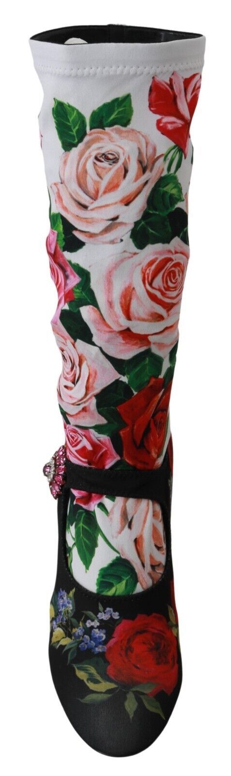 Floral patterned knee high sock with black cuff and heel