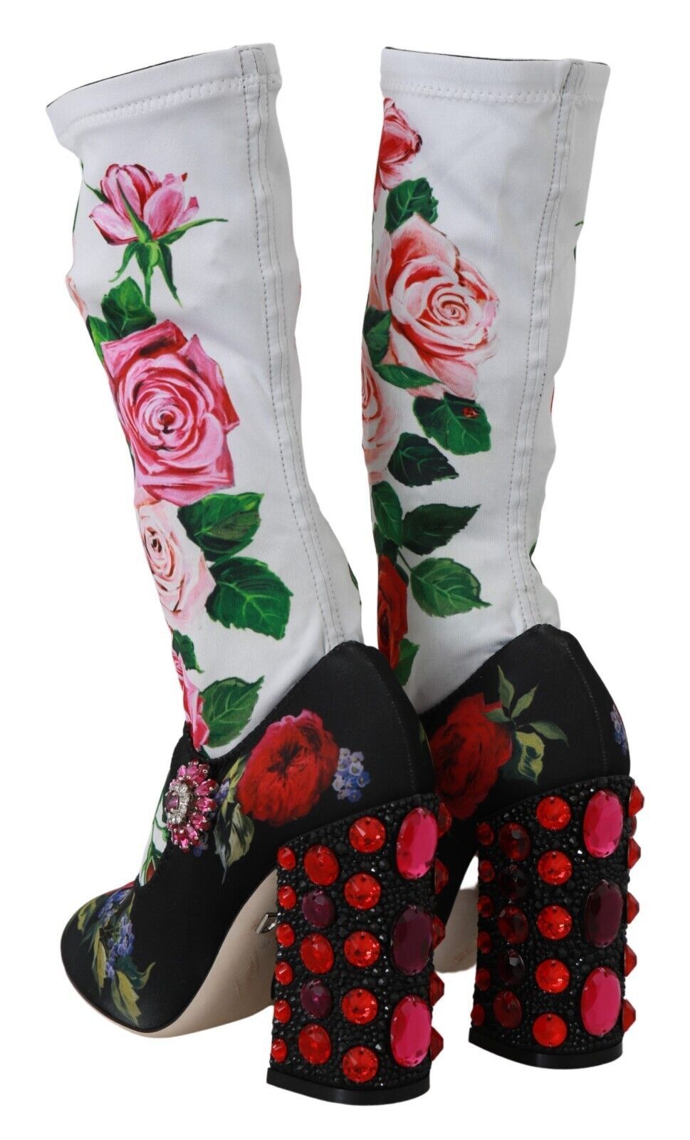Pair of high heel shoes with floral print and red beads