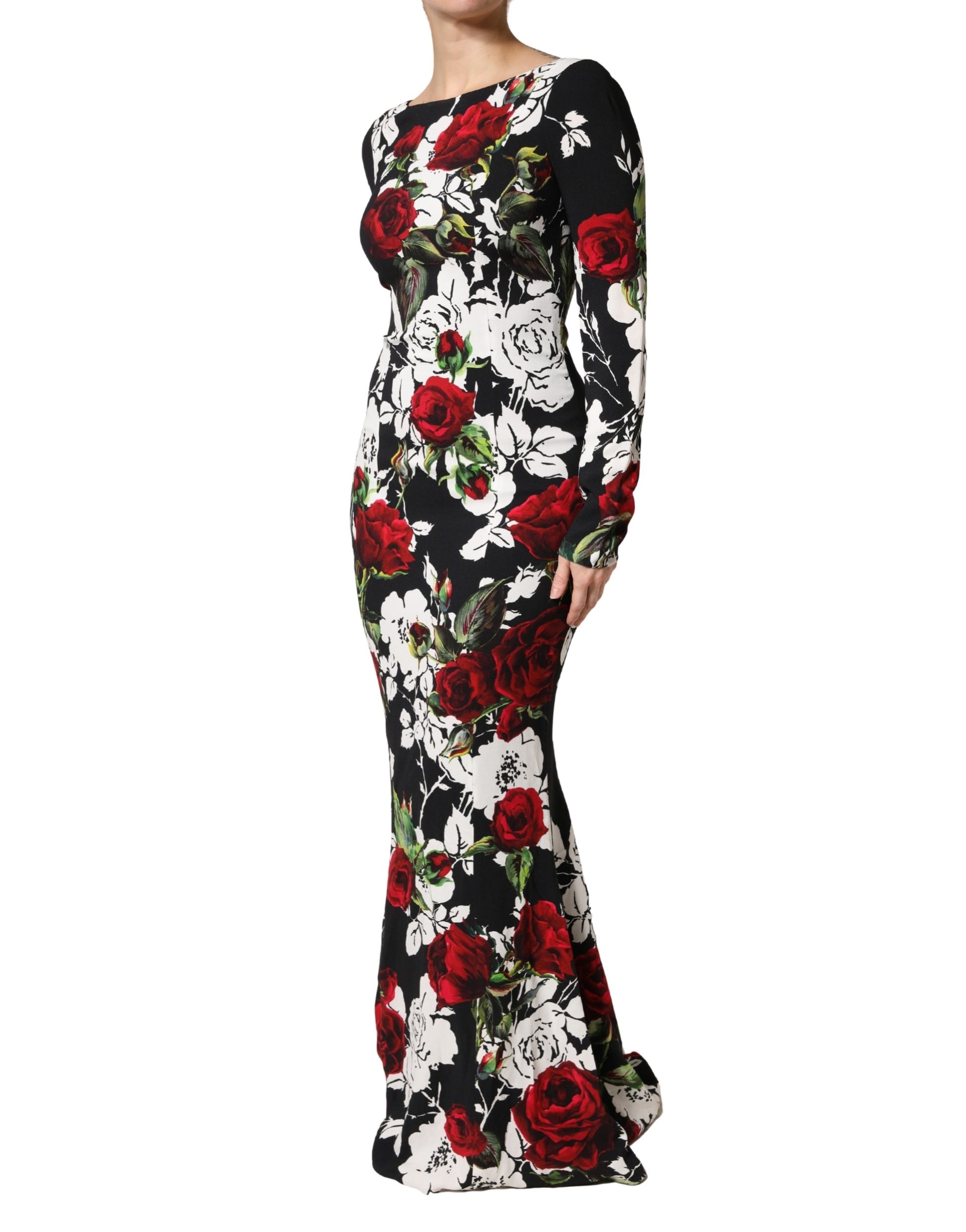 A black floral viscose bodycon long gown dress with red roses