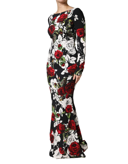 A black floral viscose bodycon long gown dress with red roses