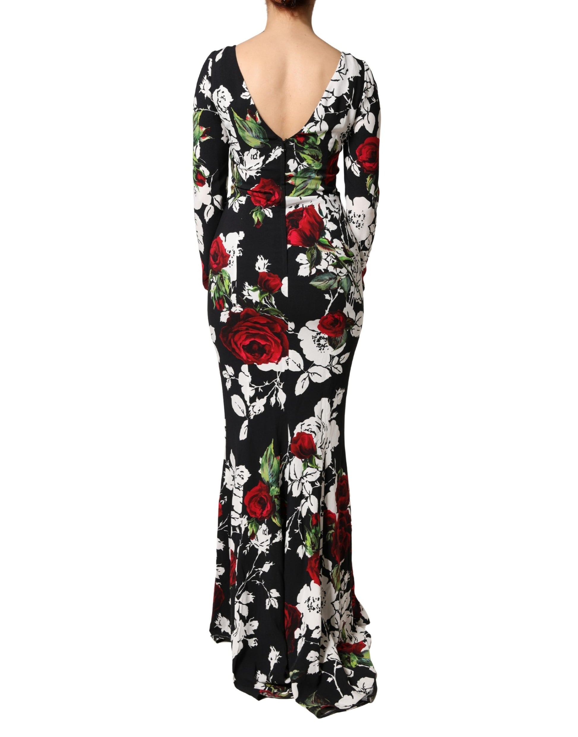 A black floral viscose bodycon long gown dress from Dolce & Gabbana