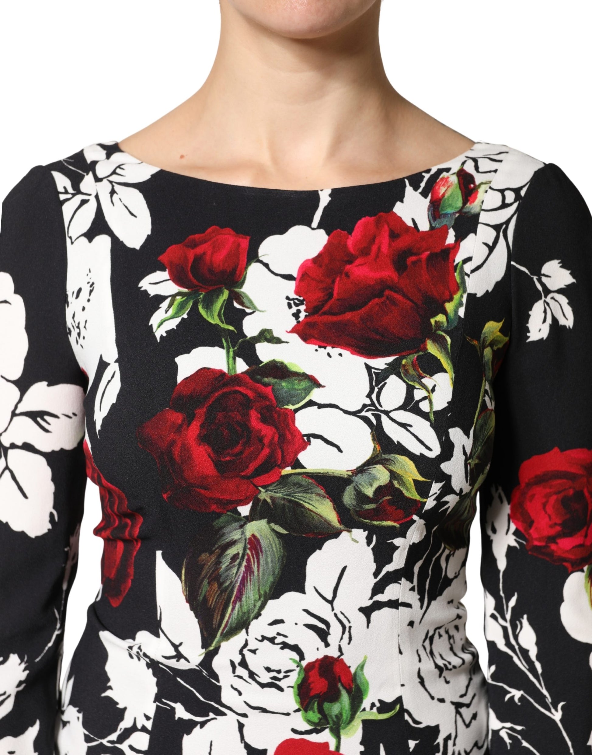 A black floral viscose bodycon long gown dress with red roses