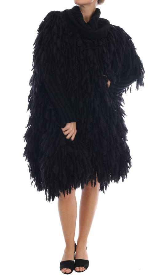 Black feathered coat with hood