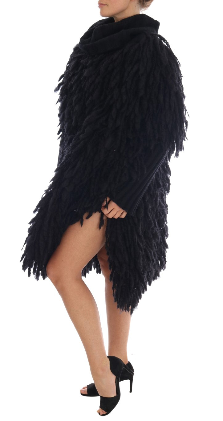 Black fur coat with fringe details