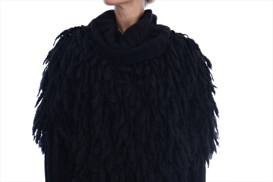 Black fur coat with fringe details