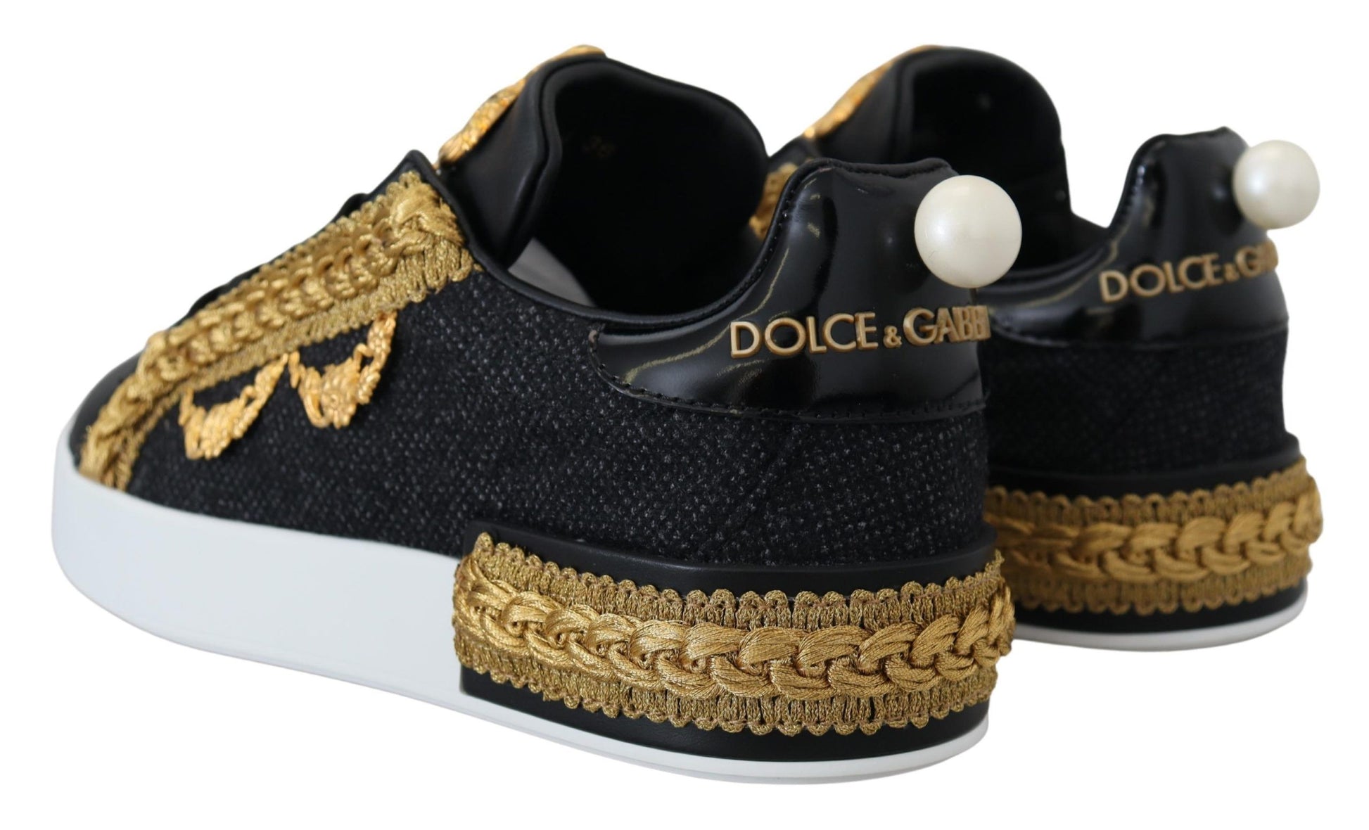 Pair of black gold baroque portofino leather sneakers with pearl accents