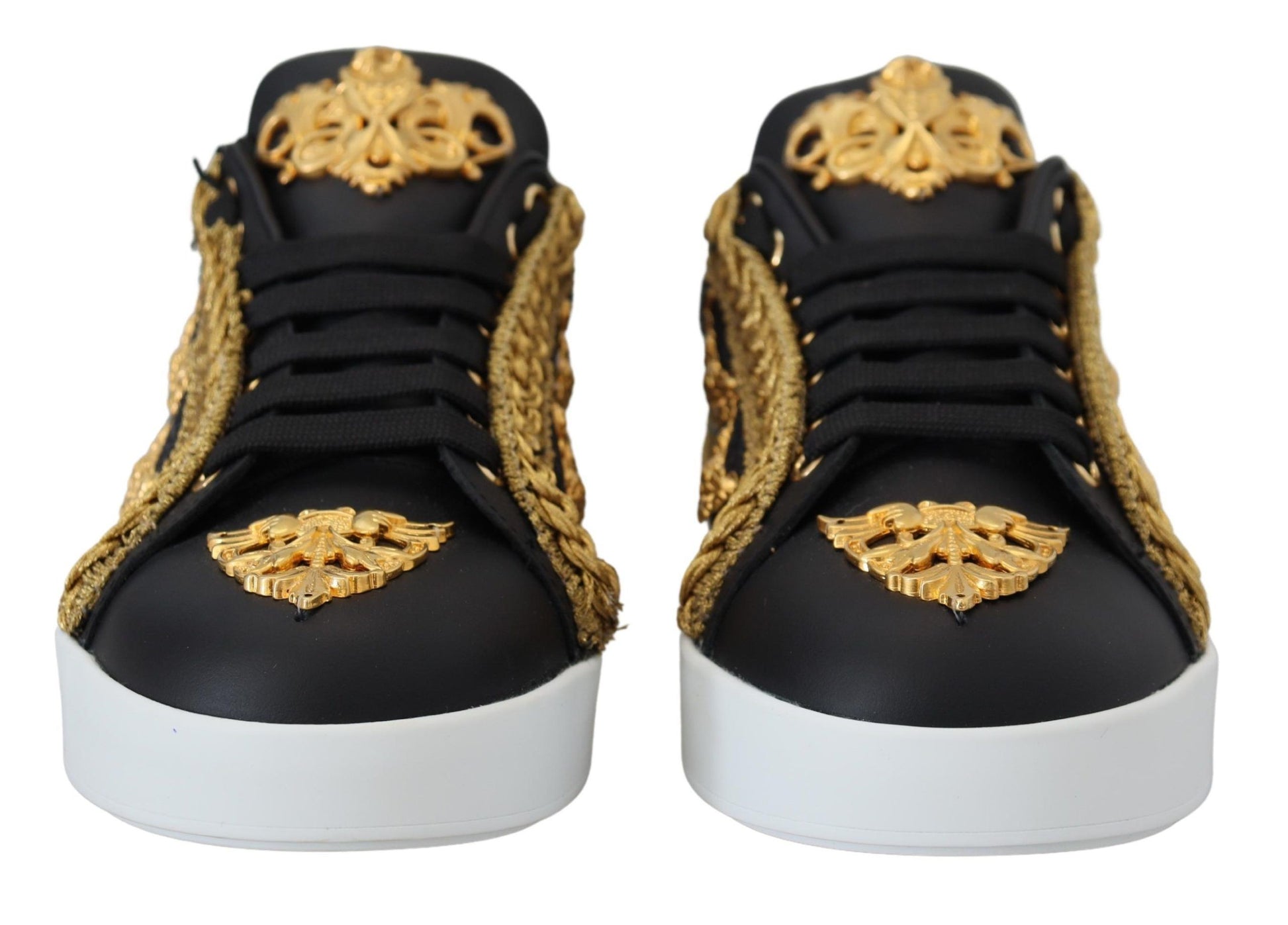 Pair of black gold baroque portofino leather sneakers with embroidery and laces