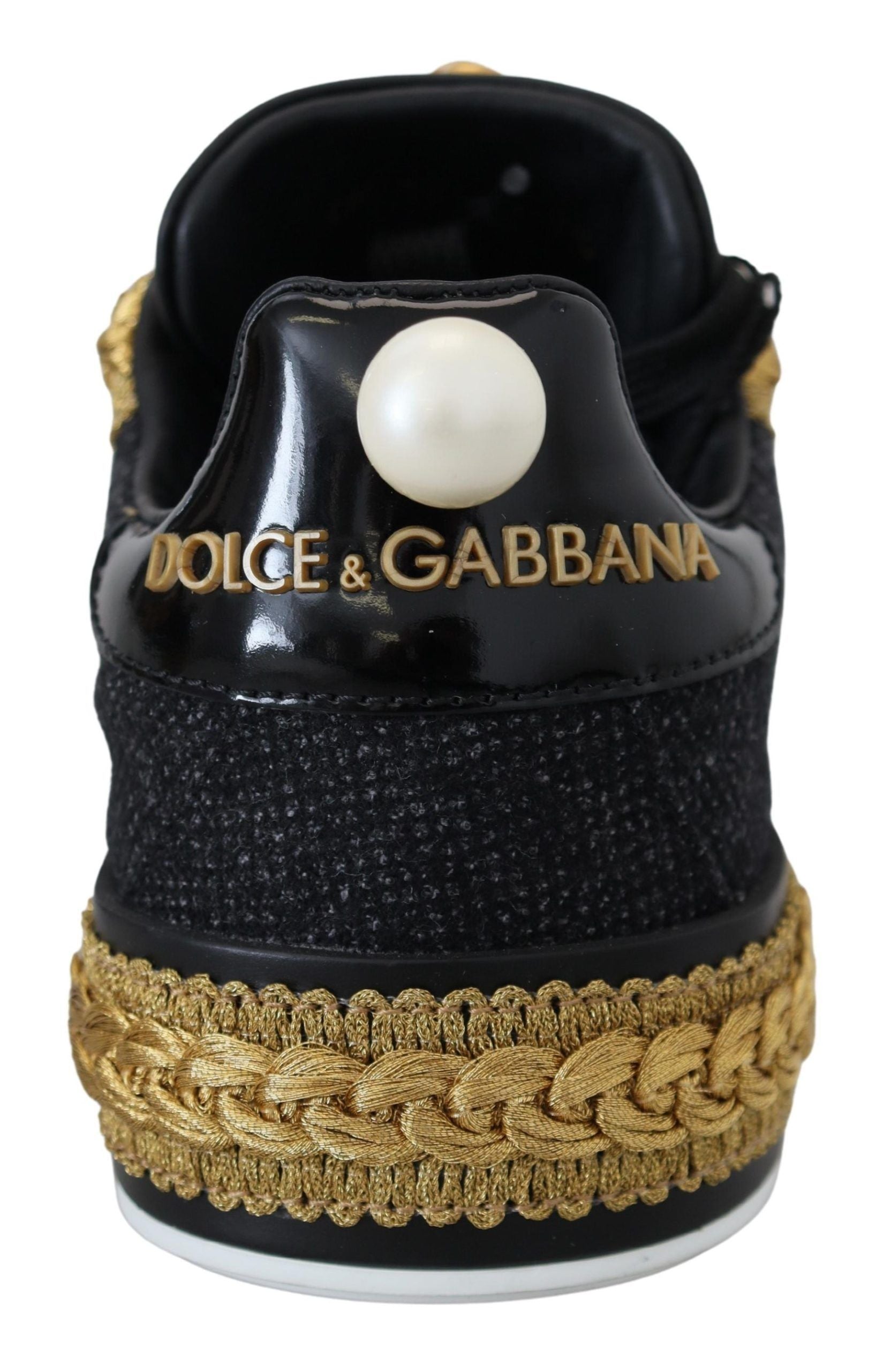 Black gold baroque portofino leather sneakers shoes with pearl embellishment