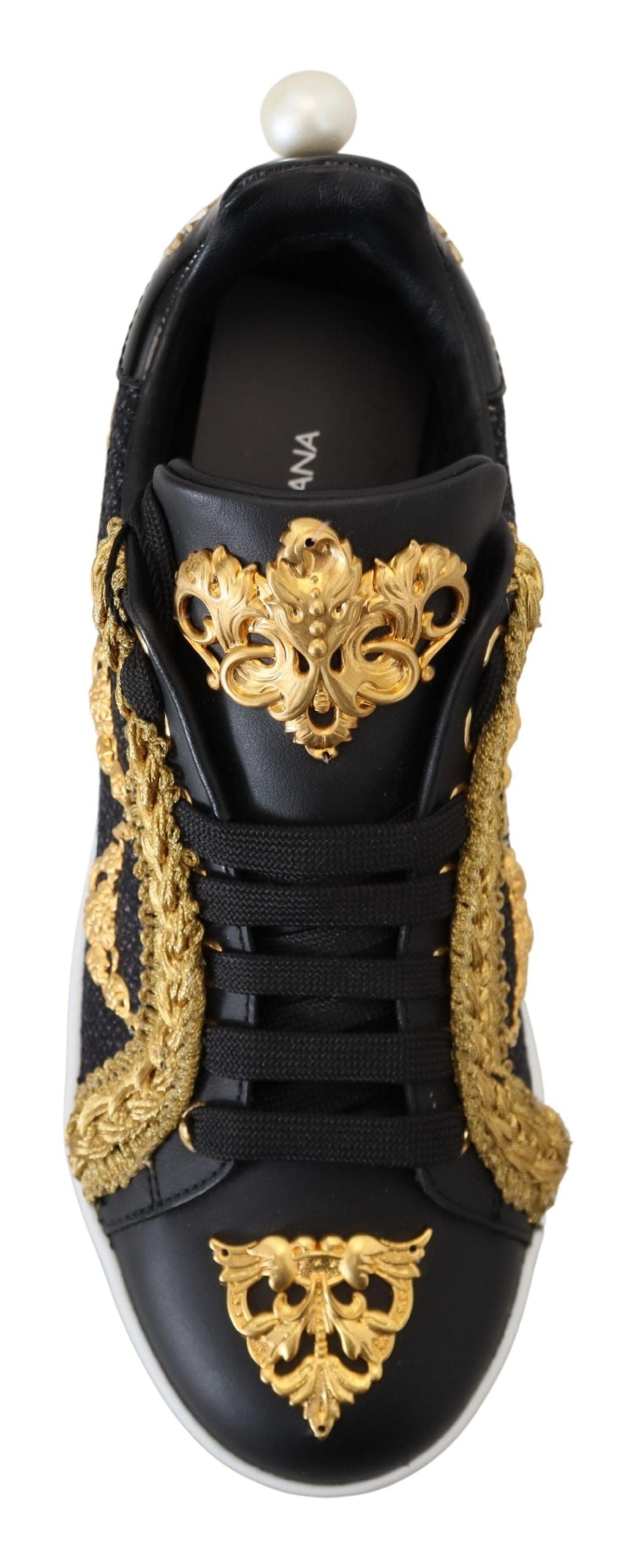 Black gold baroque portofino leather sneakers shoes with embellishments