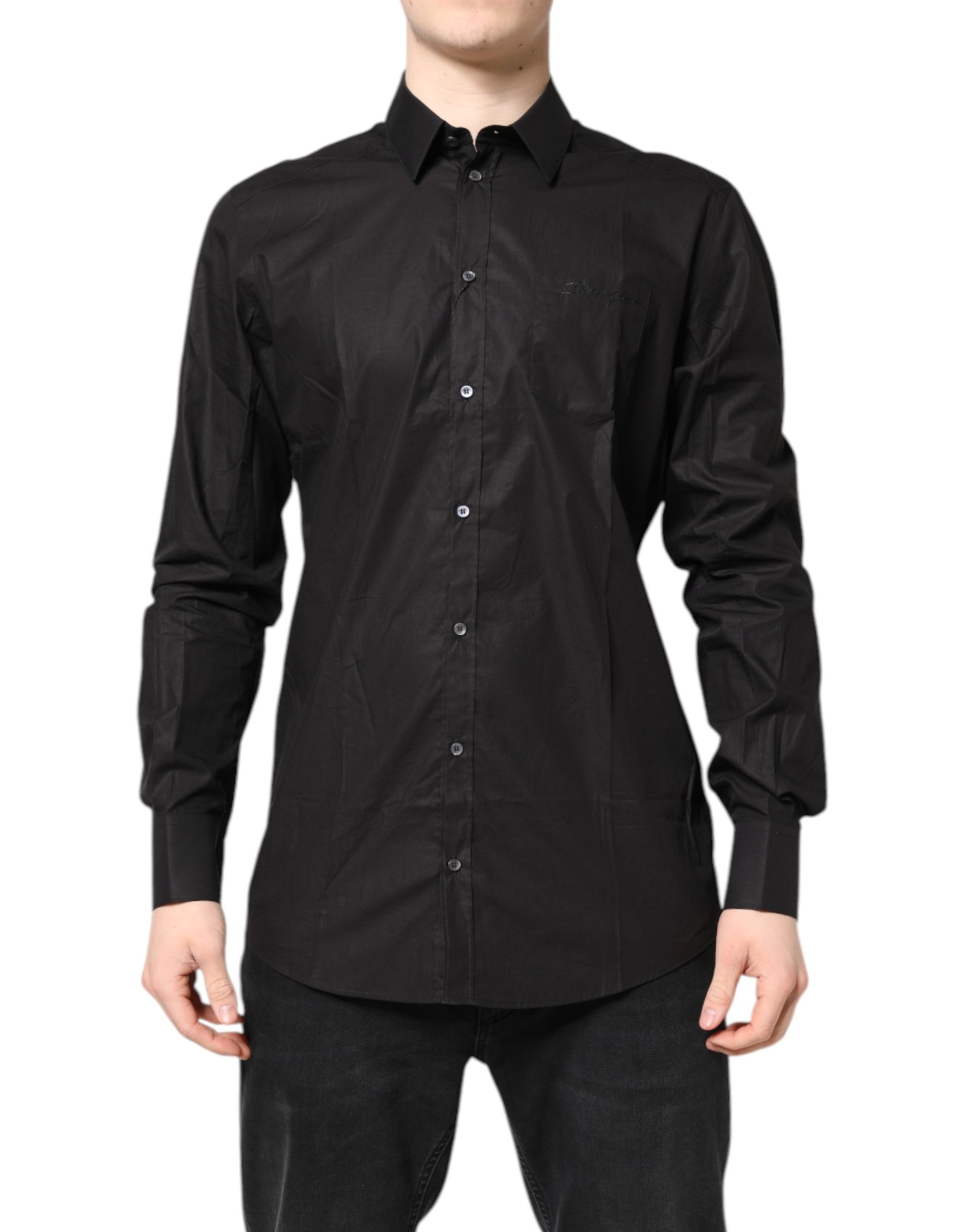 A black collared formal dress shirt with gold accents from Dolce & Gabbana