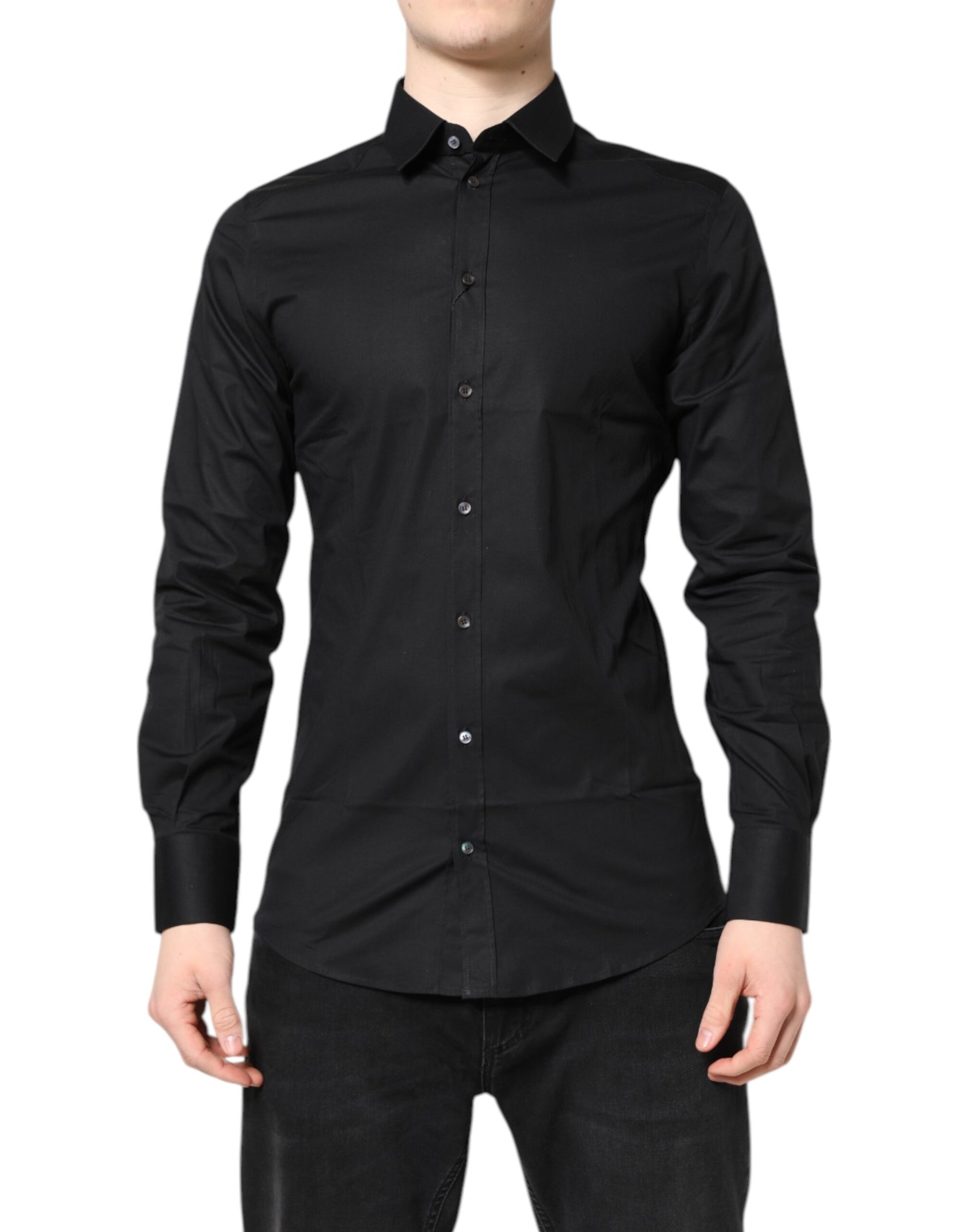 A black long sleeve dress shirt with gold buttons and a collar