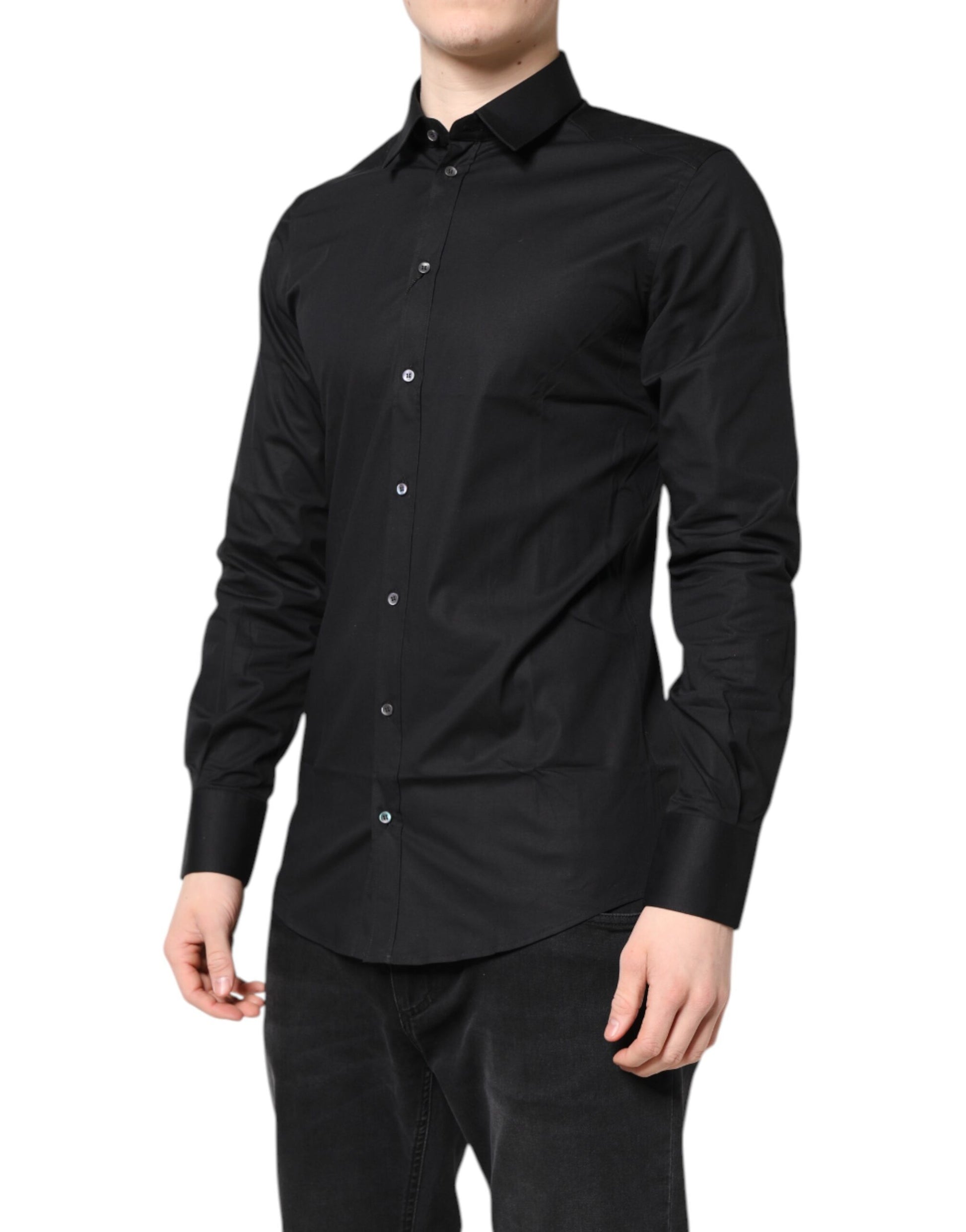 A black long sleeve dress shirt with gold accents from the brand Dolce & Gabbana