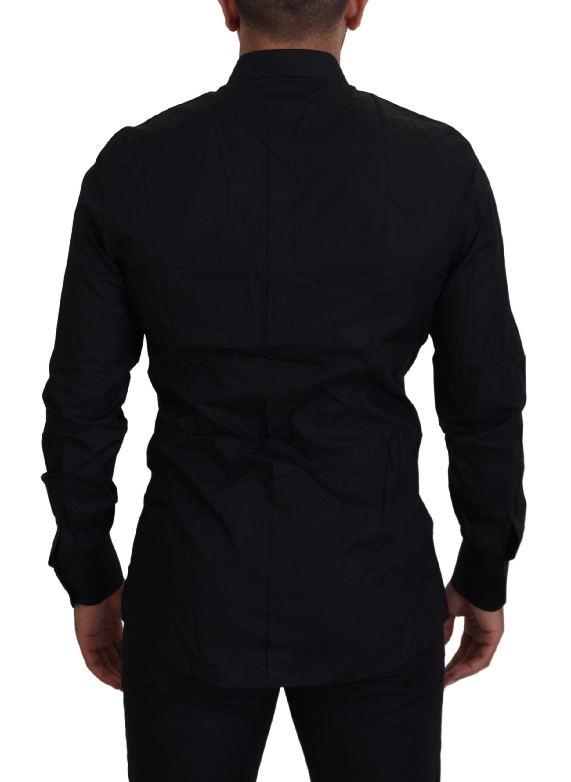 A black dress shirt with gold accents, slim fit, and a crown logo on the back