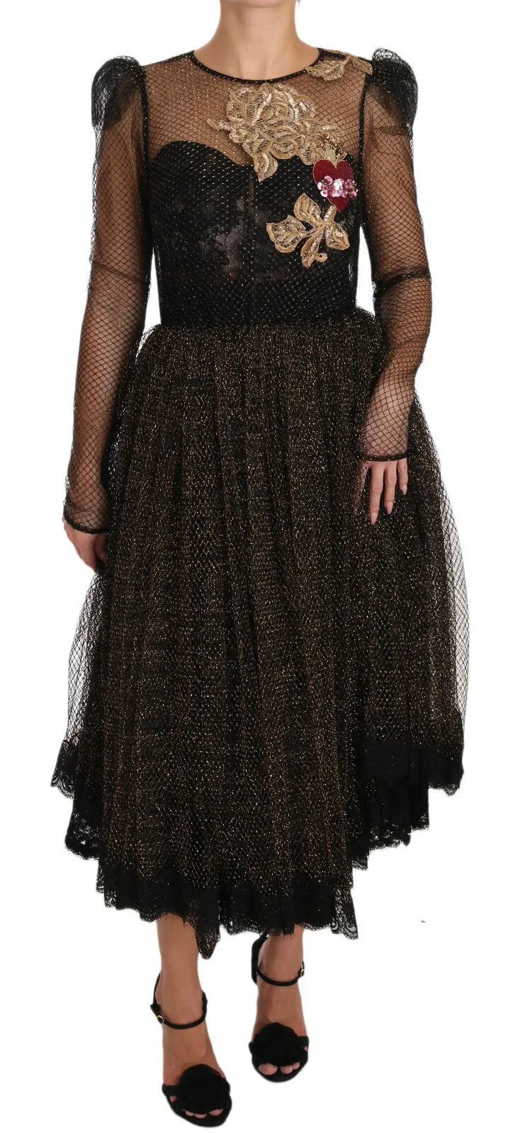 Long black dress with gold crystals and heart design on bodice
