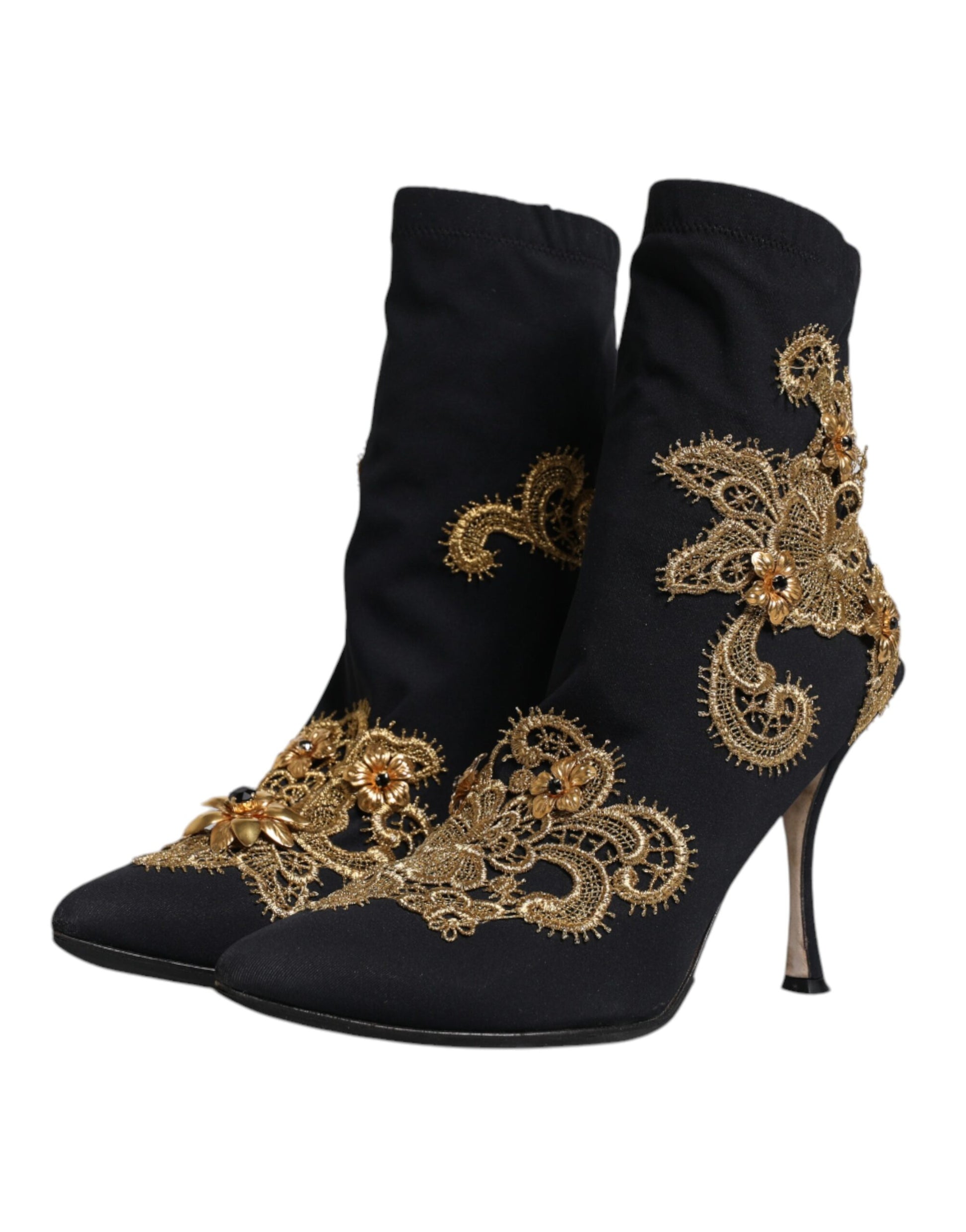 Black boots with gold embroidery on top