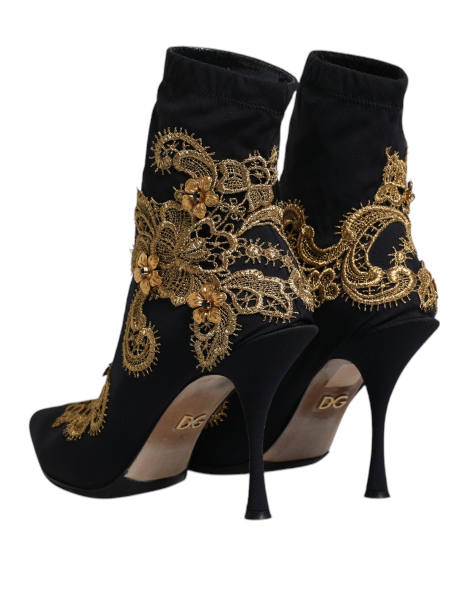 Black high heel boots with gold embroidery