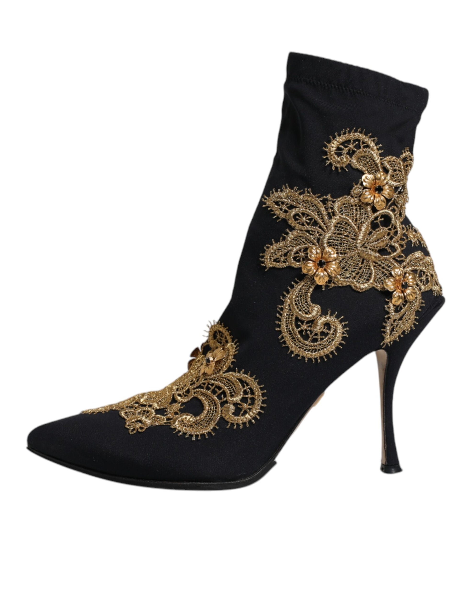 Black boot with gold embroidery on heel