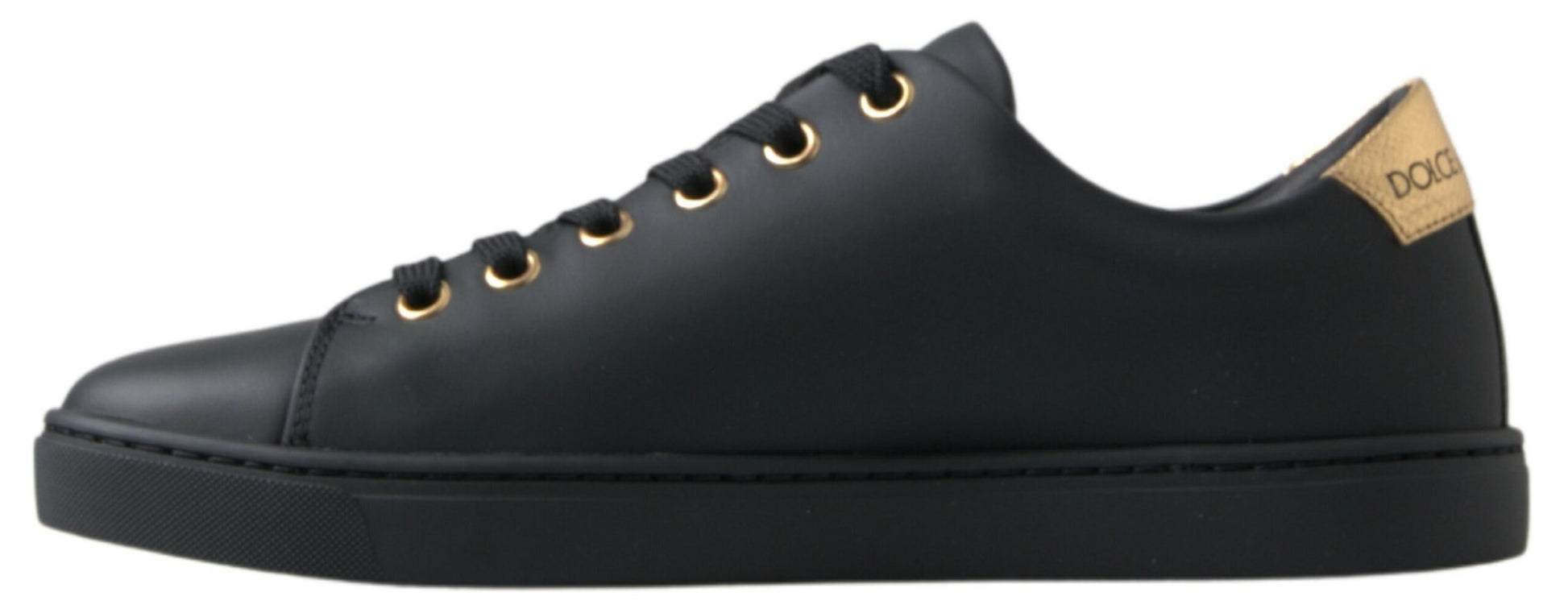 Black sneaker with gold laces