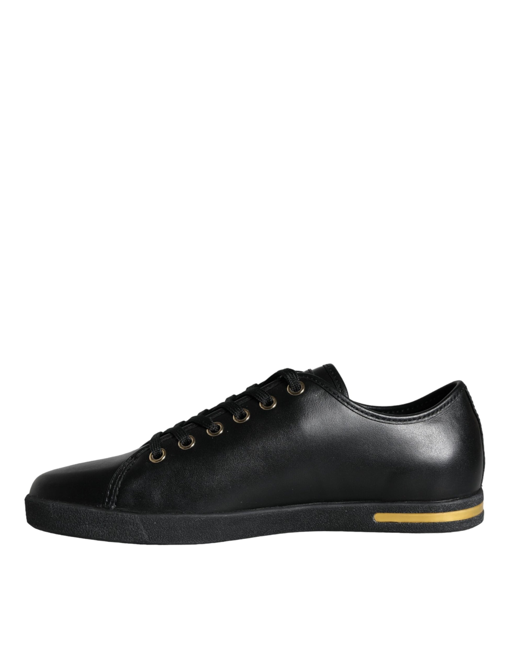 Black leather sneaker with yellow accents and laces