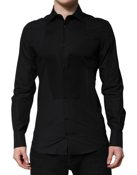 A black long sleeve dress shirt with gold accents from the brand Dolce & Gabbana