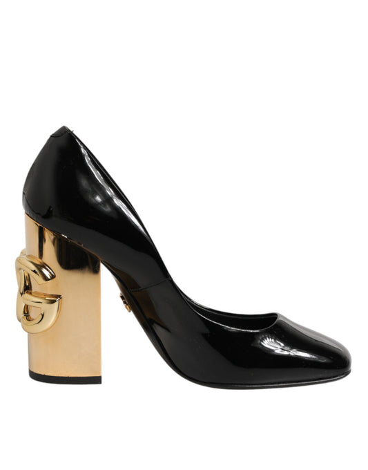 Black high heel shoe with gold accents
