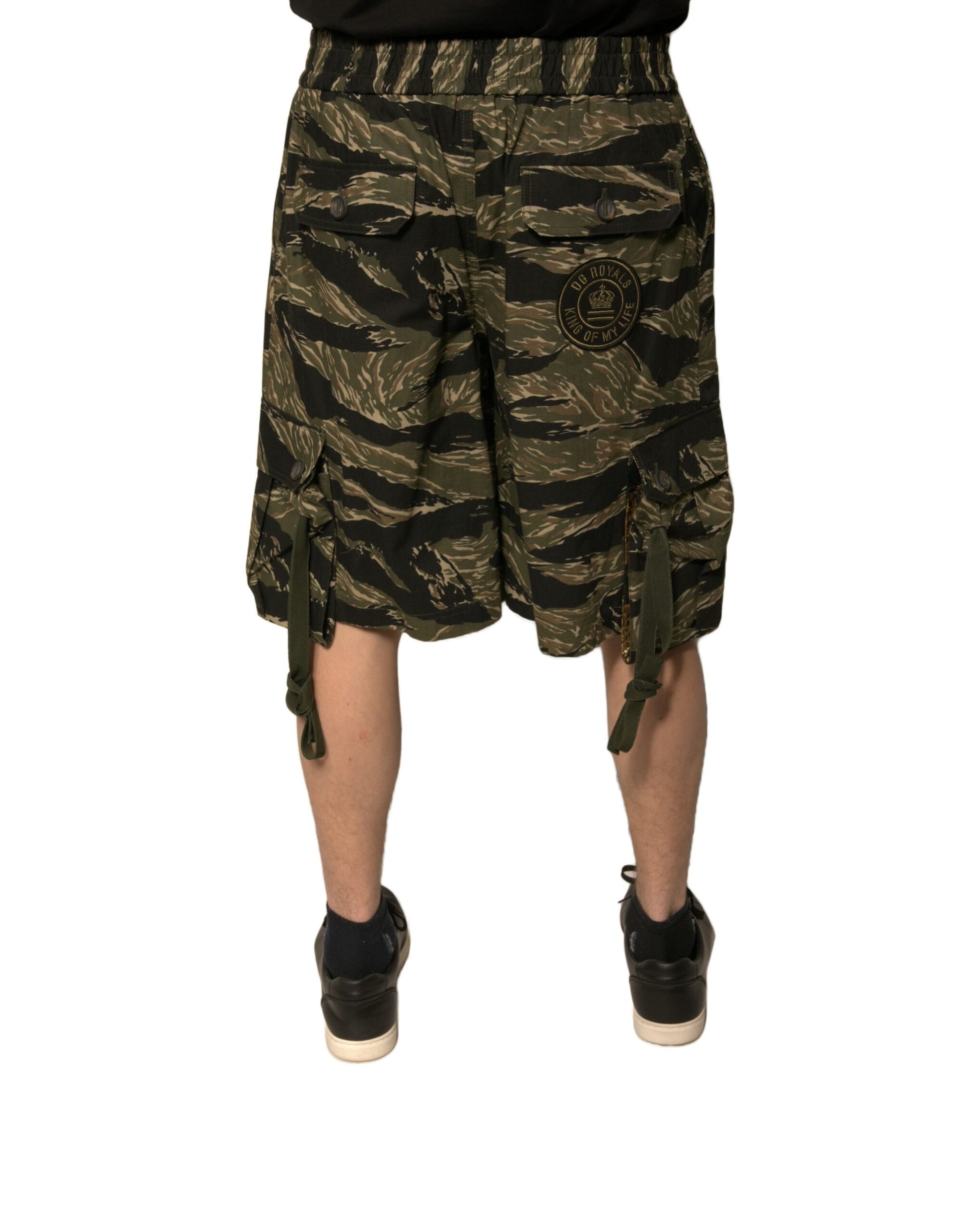 Camouflage patterned cotton bermuda shorts with black laces and gold accents