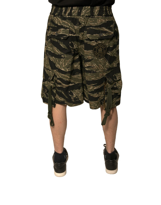 Camouflage patterned cotton bermuda shorts with black laces and gold accents