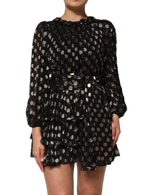 A black gold polka dot silk brocade mini dress with a belted waist