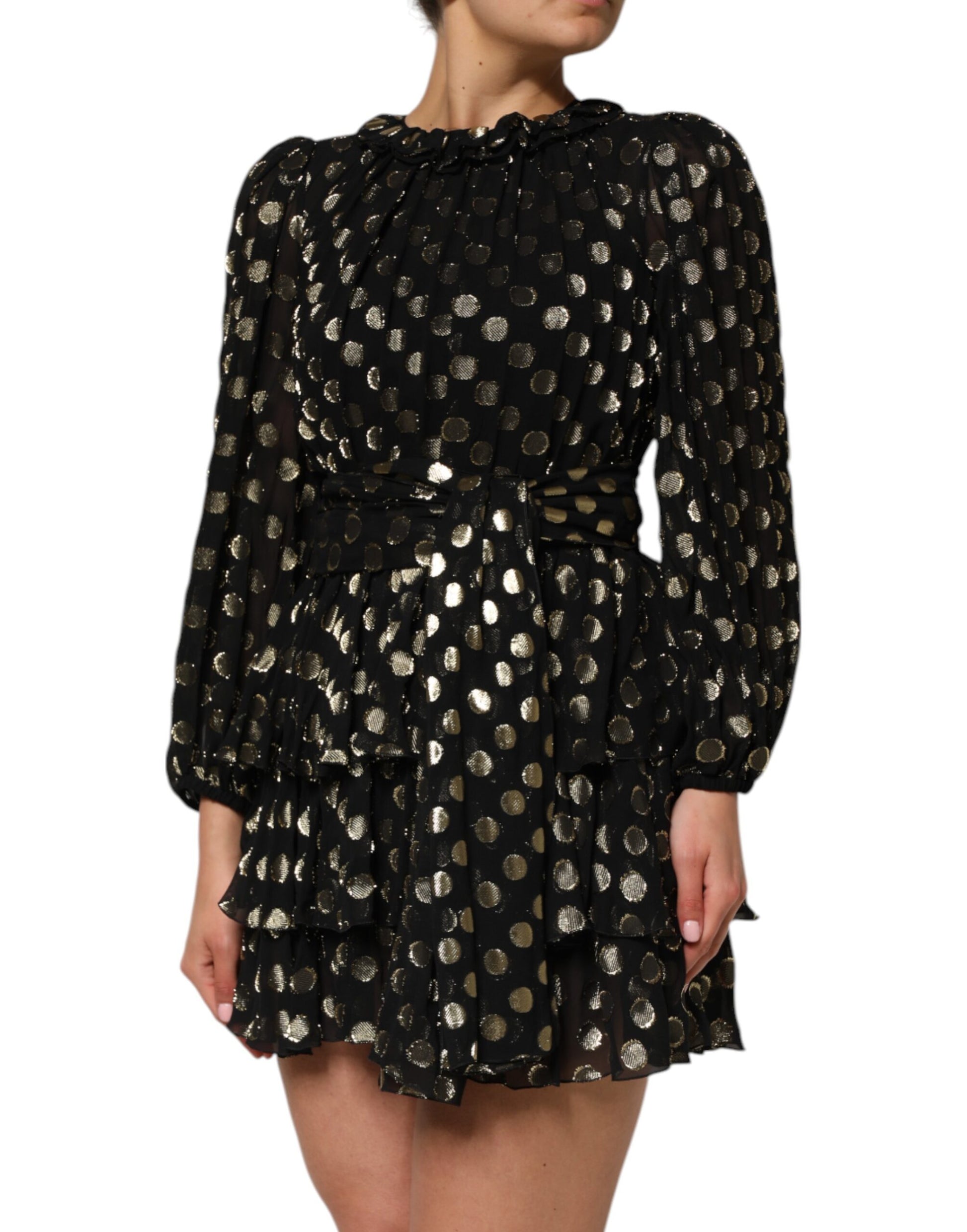 A black gold polka dot silk brocade mini dress