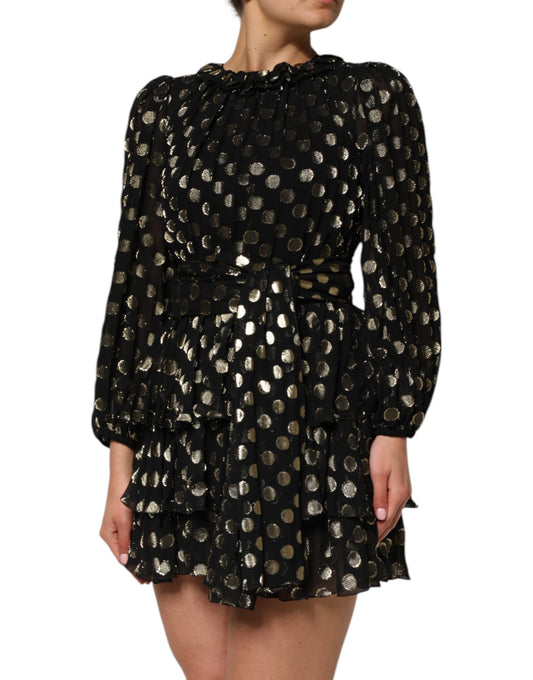 A black gold polka dot silk brocade mini dress