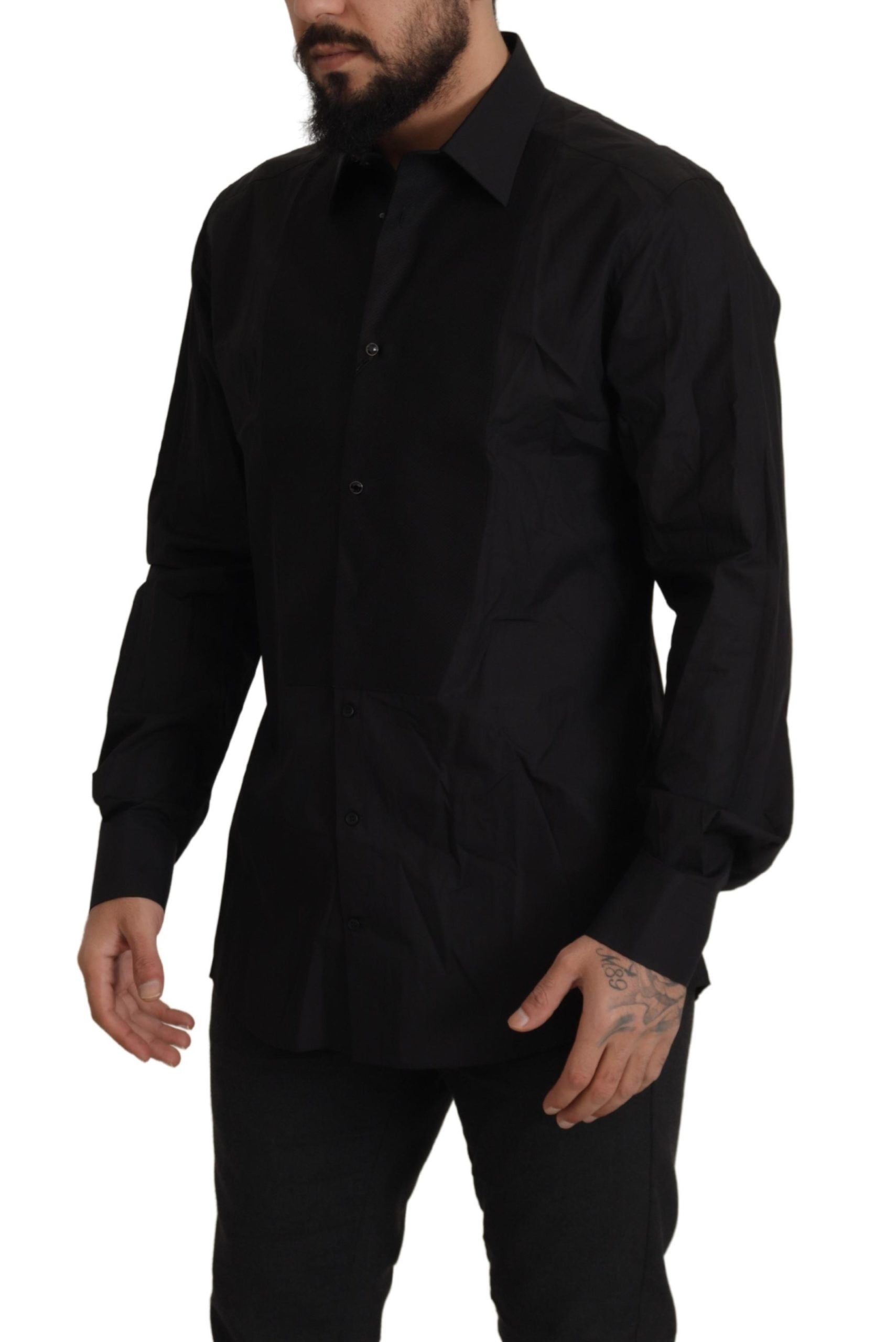 A black slim fit tuxedo dress shirt with gold accents from Dolce & Gabbana