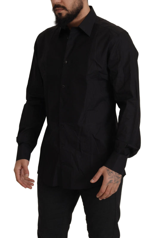 A black slim fit tuxedo dress shirt with gold accents from Dolce & Gabbana