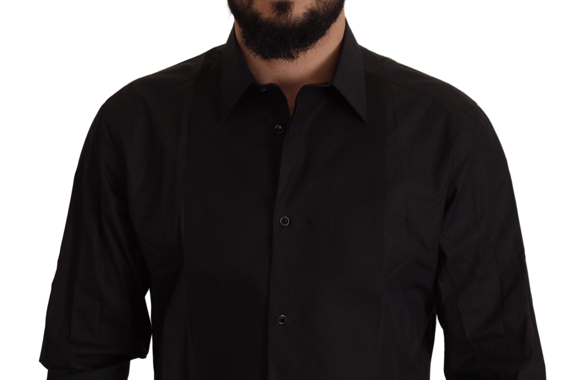 A black slim fit tuxedo dress shirt with gold accents