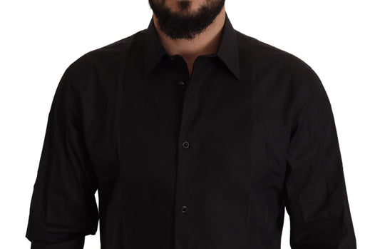 A black slim fit tuxedo dress shirt with gold accents